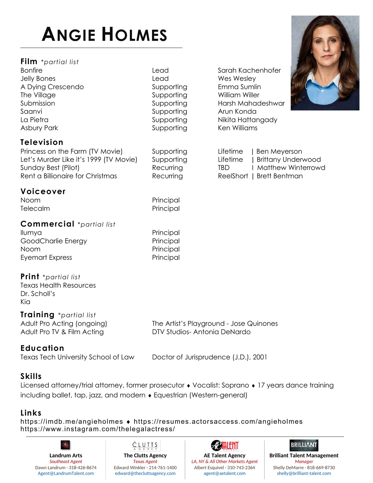 Angie Holmes acting résumé: film, television, commercial credits, training and special skills